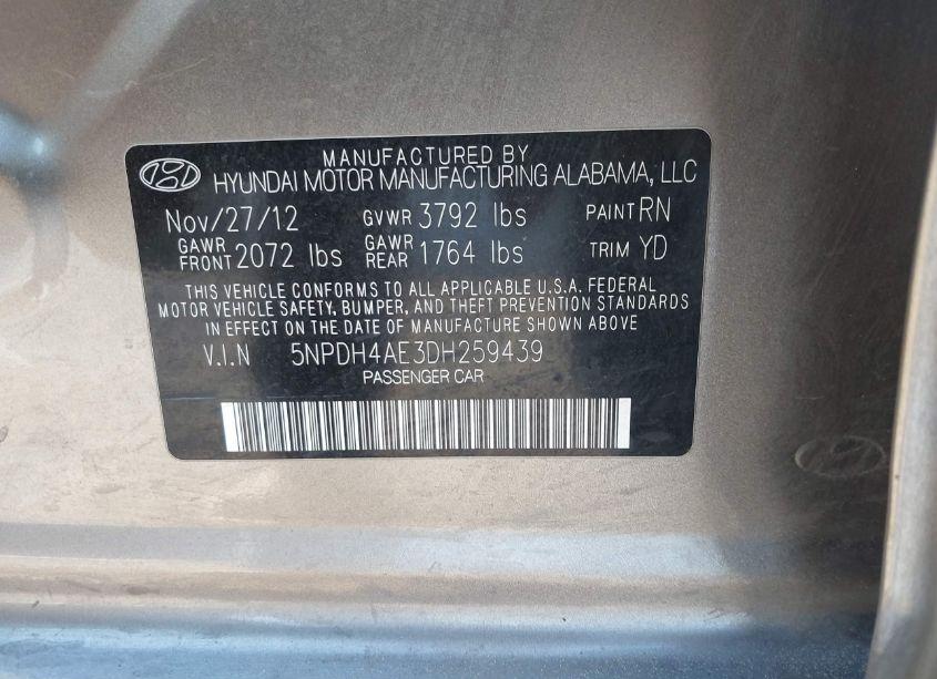 Photo 9 of 2013 Hyundai Elantra GLS (VIN 5NPDH4AE3DH259439)