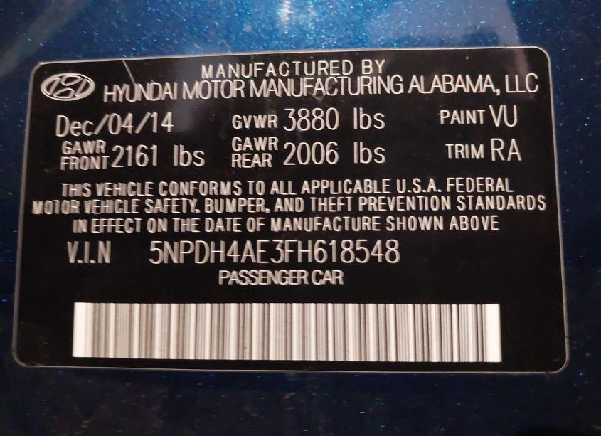 Photo 9 of 2015 Hyundai Elantra SE (VIN 5NPDH4AE3FH618548)