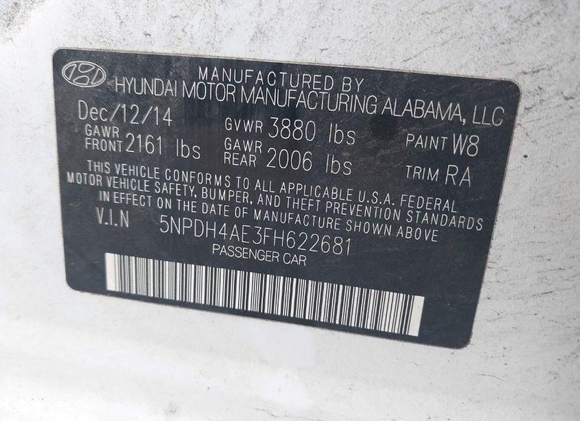 Photo 9 of 2015 Hyundai Elantra LIMITED (VIN 5NPDH4AE3FH622681)