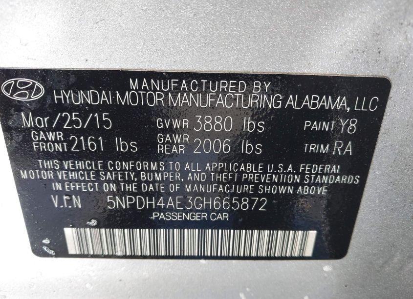 Photo 9 of 2016 Hyundai Elantra SE (VIN 5NPDH4AE3GH665872)