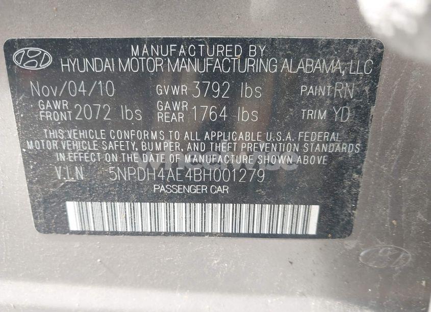 Photo 9 of 2011 Hyundai Elantra LIMITED (VIN 5NPDH4AE4BH001279)