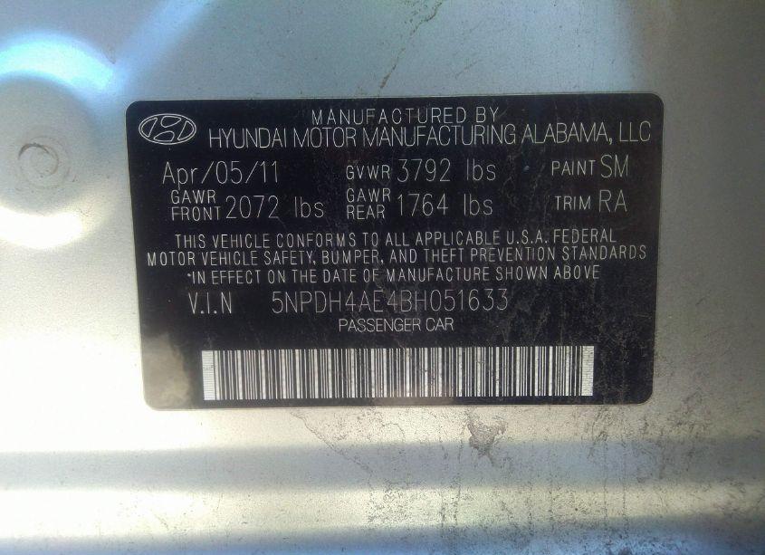 Photo 9 of 2011 Hyundai Elantra LIMITED (VIN 5NPDH4AE4BH051633)