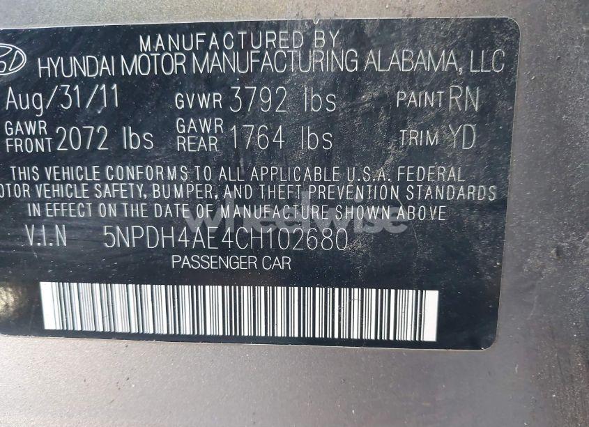 Photo 9 of 2012 Hyundai Elantra LIMITED (VIN 5NPDH4AE4CH102680)