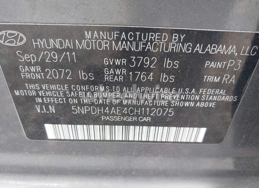 Photo 9 of 2012 Hyundai Elantra LIMITED (VIN 5NPDH4AE4CH112075)