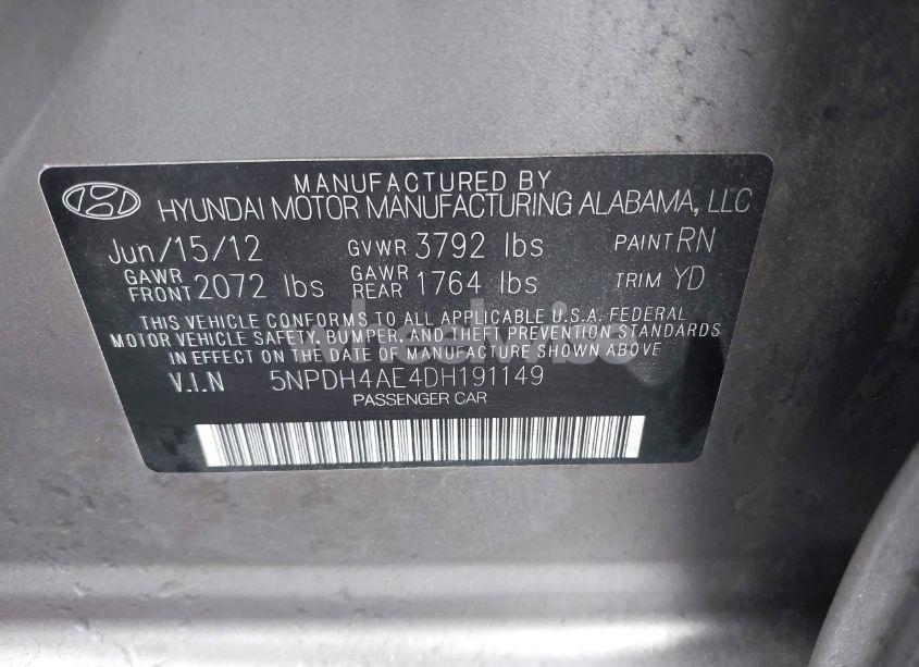 Photo 9 of 2013 Hyundai Elantra GLS (VIN 5NPDH4AE4DH191149)