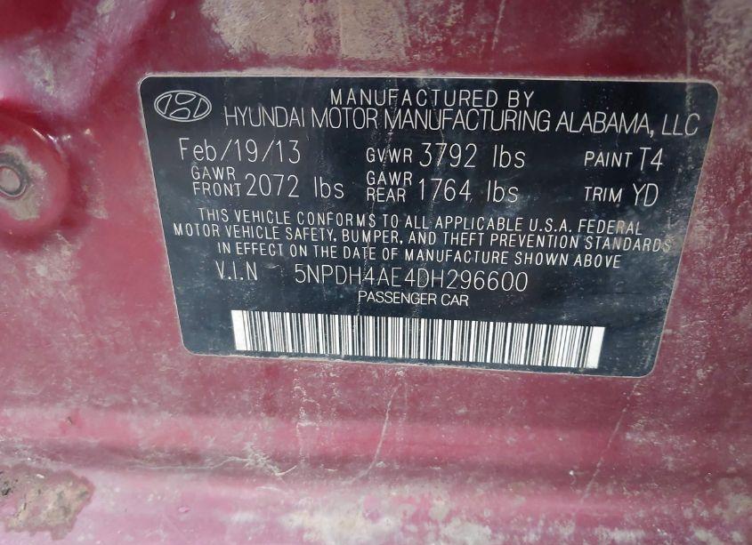 Photo 9 of 2013 Hyundai Elantra LIMITED (VIN 5NPDH4AE4DH296600)