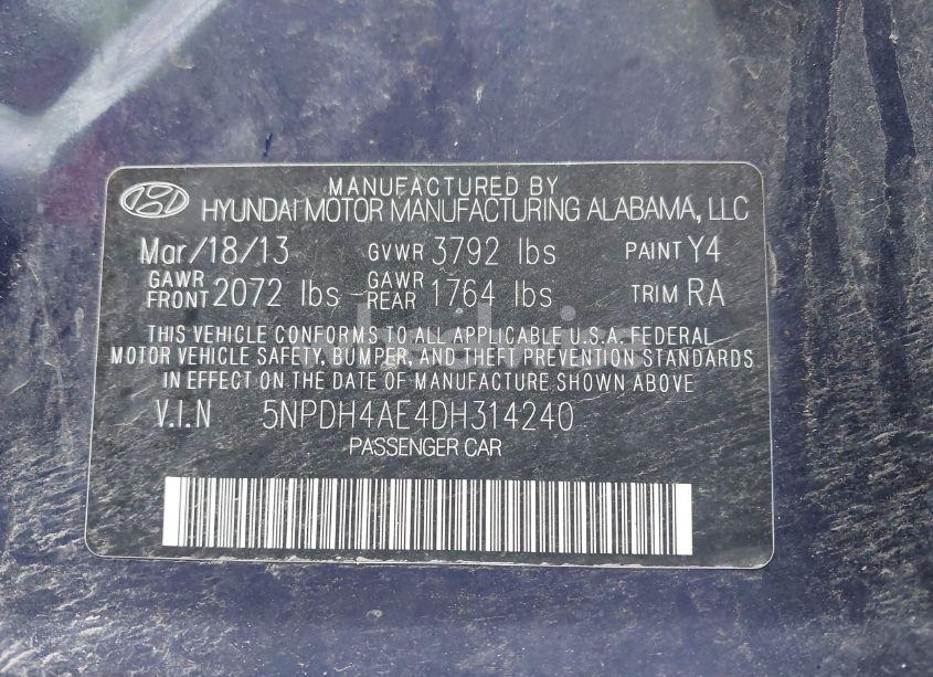 Photo 9 of 2013 Hyundai Elantra GLS (VIN 5NPDH4AE4DH314240)