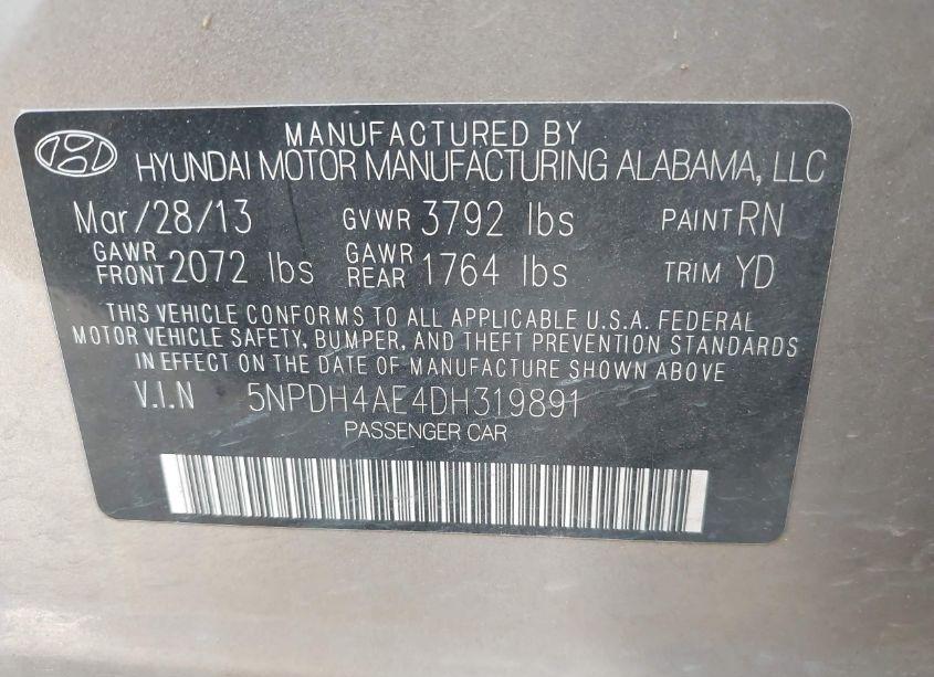 Photo 9 of 2013 Hyundai Elantra LIMITED (VIN 5NPDH4AE4DH319891)