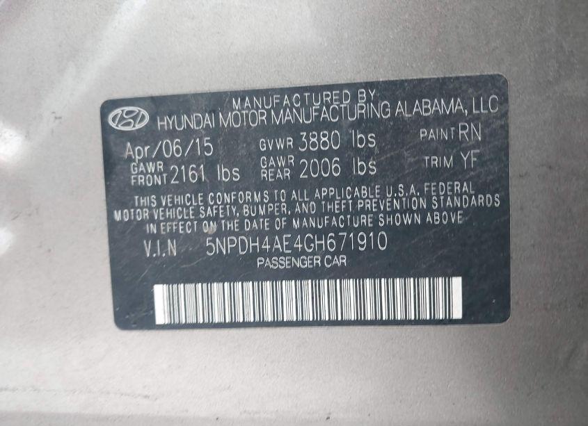 Photo 9 of 2016 Hyundai Elantra VALUE EDITION (VIN 5NPDH4AE4GH671910)