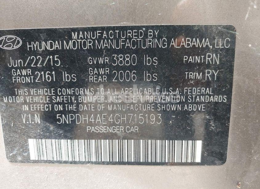 Photo 9 of 2016 Hyundai Elantra VALUE EDITION (VIN 5NPDH4AE4GH715193)