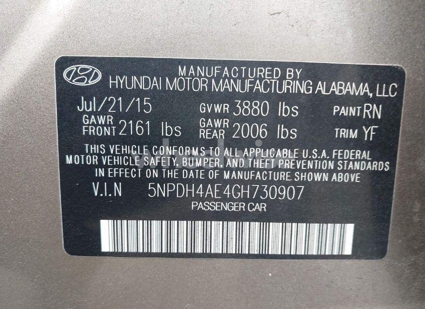 Photo 9 of 2016 Hyundai Elantra SE (VIN 5NPDH4AE4GH730907)