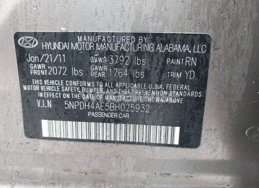 Photo 9 of 2011 Hyundai Elantra GLS (VIN 5NPDH4AE5BH025932)