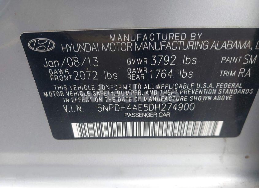 Photo 9 of 2013 Hyundai Elantra GLS (VIN 5NPDH4AE5DH274900)