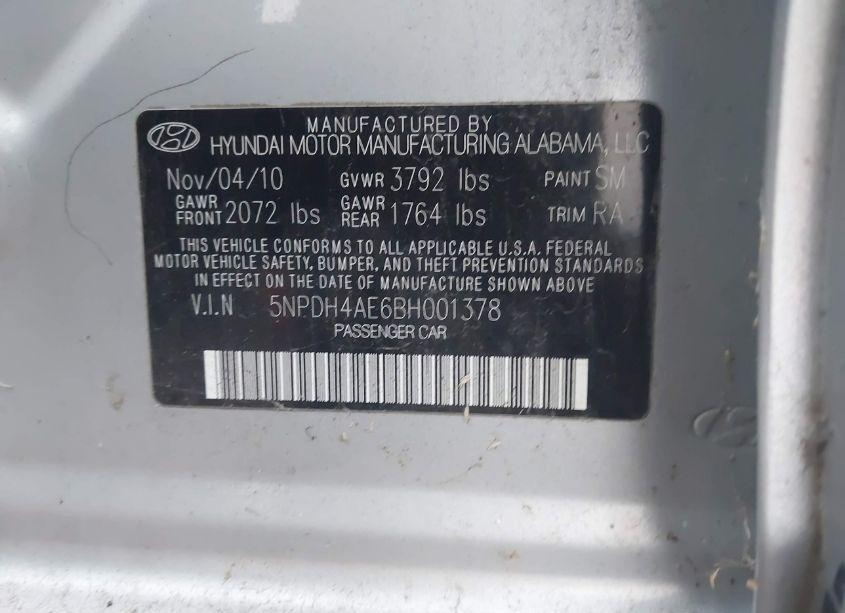 Photo 9 of 2011 Hyundai Elantra LIMITED (VIN 5NPDH4AE6BH001378)