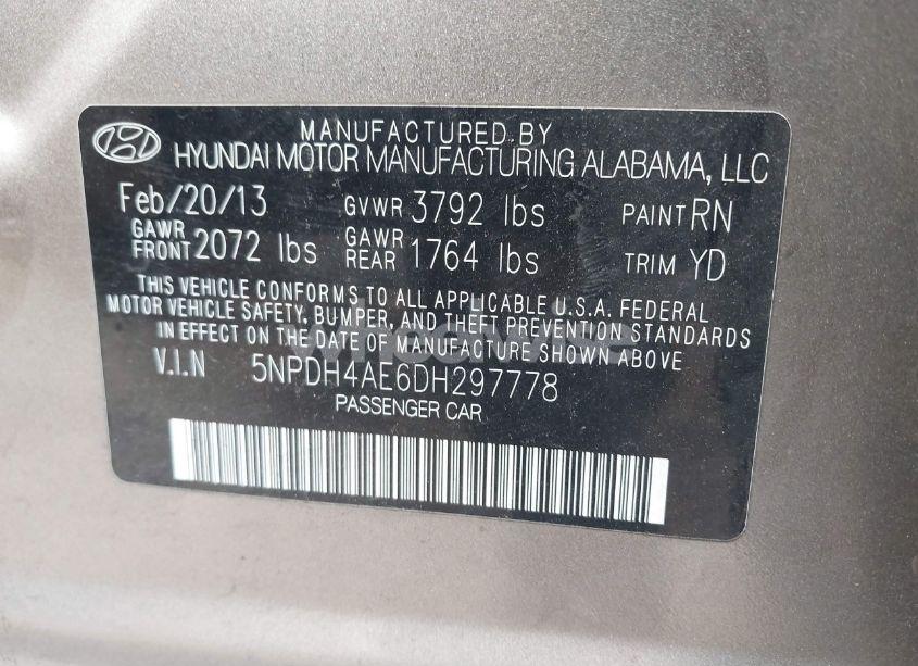 Photo 9 of 2013 Hyundai Elantra GLS (VIN 5NPDH4AE6DH297778)