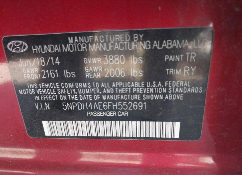 Photo 9 of 2015 Hyundai Elantra LIMITED (VIN 5NPDH4AE6FH552691)