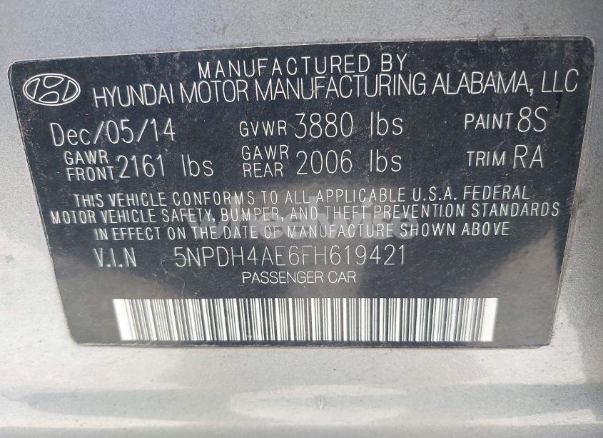 Photo 9 of 2015 Hyundai Elantra LIMITED (VIN 5NPDH4AE6FH619421)