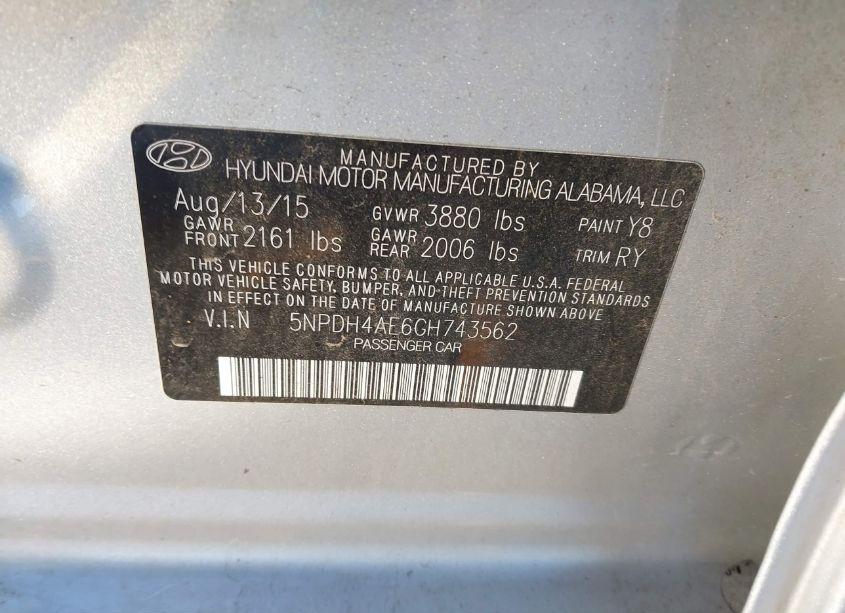 Photo 9 of 2016 Hyundai Elantra LIMITED (VIN 5NPDH4AE6GH743562)