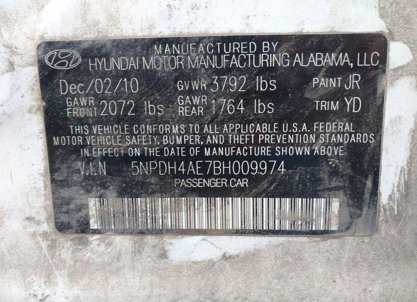 Photo 9 of 2011 Hyundai Elantra GLS (VIN 5NPDH4AE7BH009974)