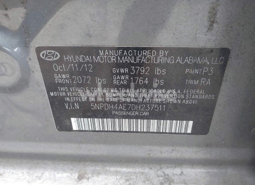 Photo 9 of 2013 Hyundai Elantra LIMITED (VIN 5NPDH4AE7DH237511)