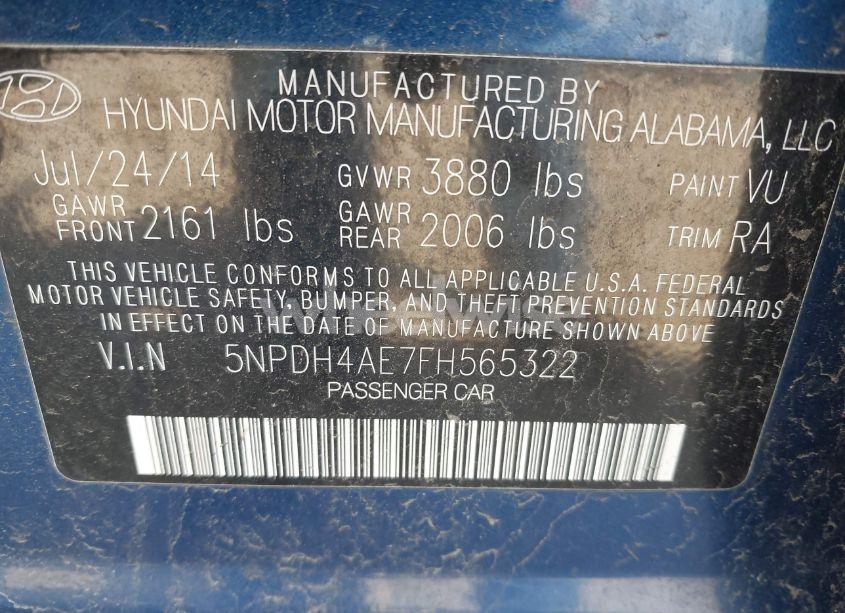 Photo 9 of 2015 Hyundai Elantra SE (VIN 5NPDH4AE7FH565322)