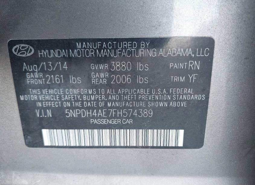 Photo 9 of 2015 Hyundai Elantra SE (VIN 5NPDH4AE7FH574389)