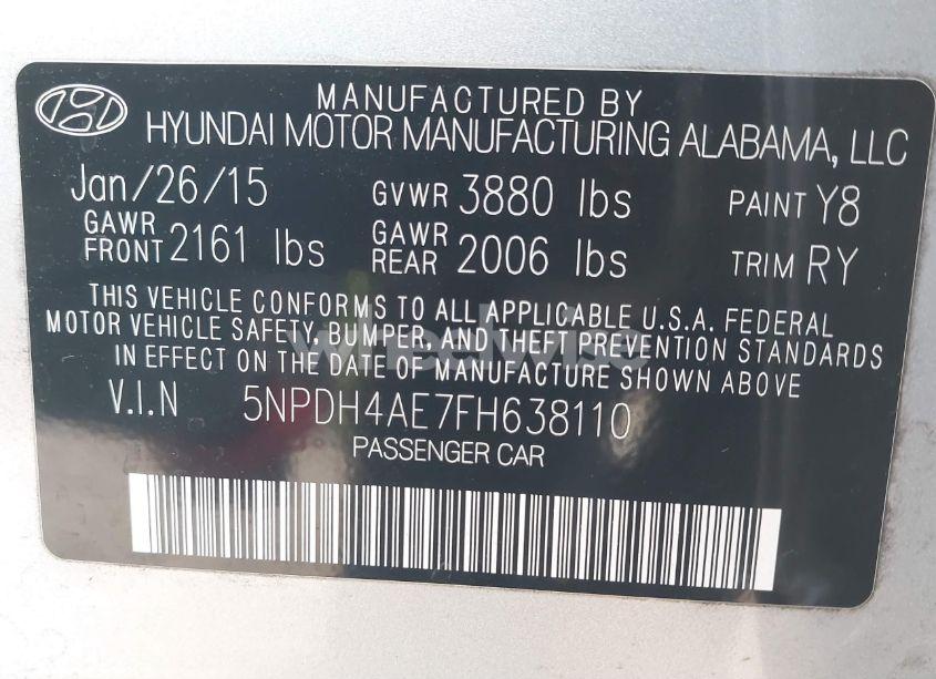 Photo 9 of 2015 Hyundai Elantra LIMITED (VIN 5NPDH4AE7FH638110)