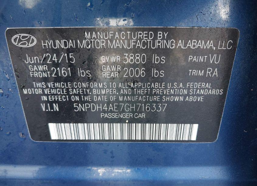 Photo 9 of 2016 Hyundai Elantra SE (VIN 5NPDH4AE7GH716337)