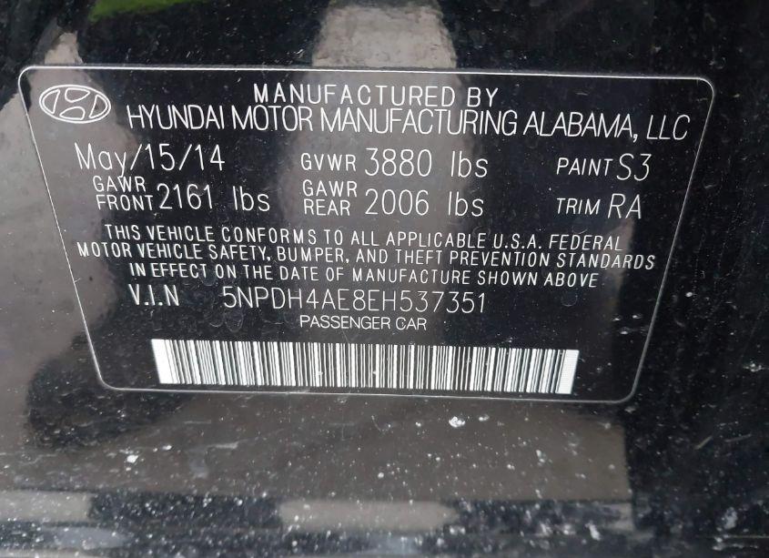 Photo 9 of 2014 Hyundai Elantra SE (VIN 5NPDH4AE8EH537351)