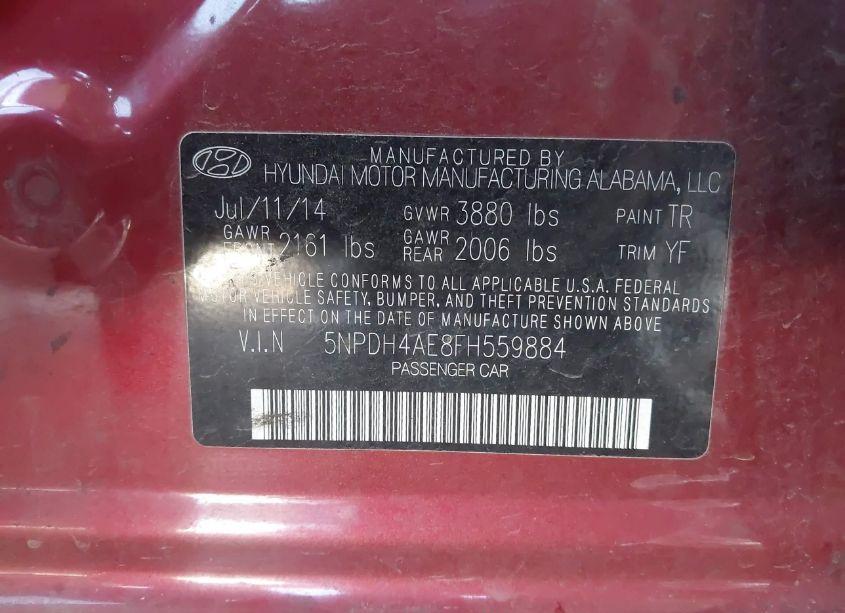 Photo 9 of 2015 Hyundai Elantra LIMITED (VIN 5NPDH4AE8FH559884)