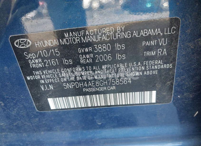 Photo 9 of 2016 Hyundai Elantra SE (VIN 5NPDH4AE8GH758564)