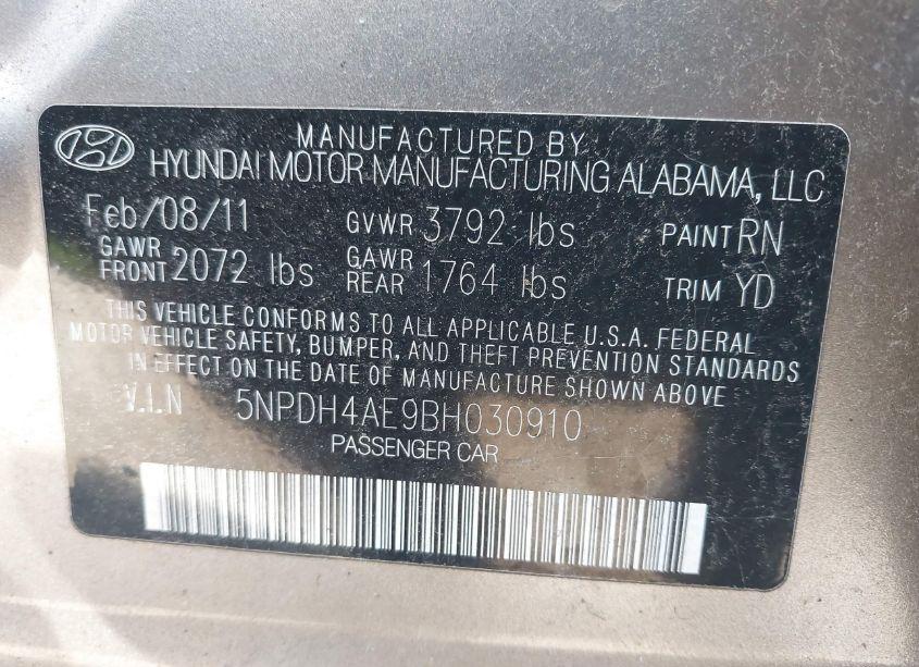 Photo 9 of 2011 Hyundai Elantra GLS (VIN 5NPDH4AE9BH030910)