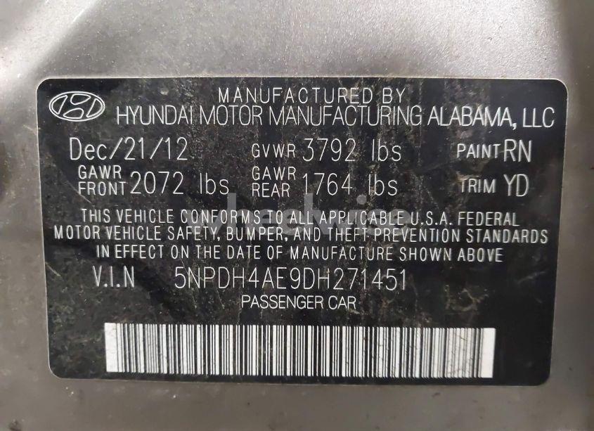 Photo 9 of 2013 Hyundai Elantra GLS (VIN 5NPDH4AE9DH271451)