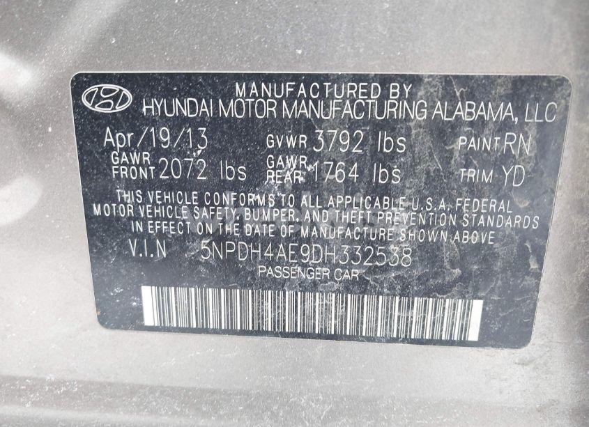 Photo 9 of 2013 Hyundai Elantra GLS (VIN 5NPDH4AE9DH332538)