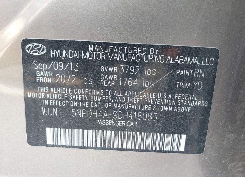 Photo 9 of 2013 Hyundai Elantra GLS (VIN 5NPDH4AE9DH416083)