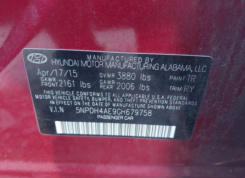 Photo 9 of 2016 Hyundai Elantra LIMITED (VIN 5NPDH4AE9GH679758)