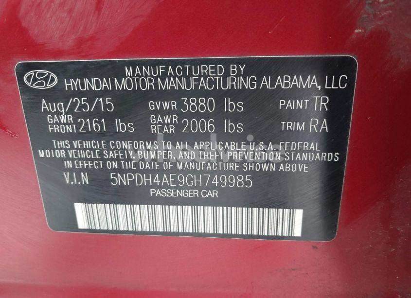 Photo 9 of 2016 Hyundai Elantra SE (VIN 5NPDH4AE9GH749985)