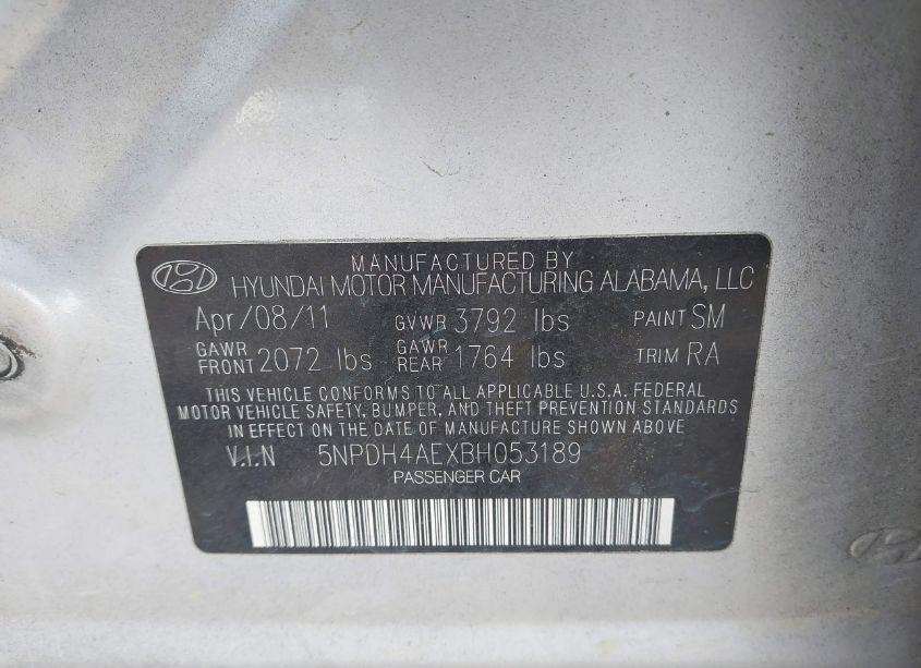 Photo 9 of 2011 Hyundai Elantra GLS (VIN 5NPDH4AEXBH053189)