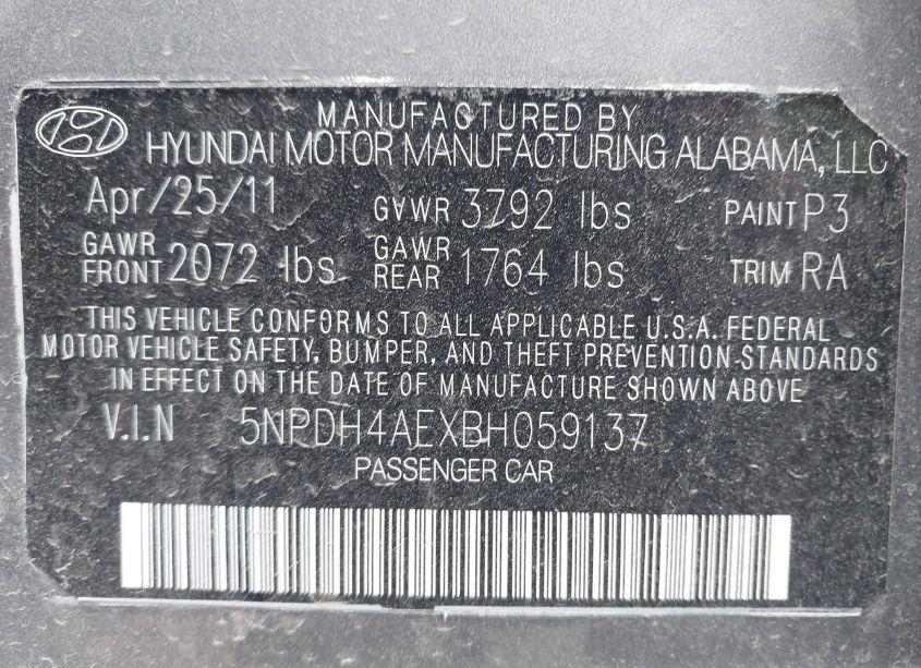 Photo 9 of 2011 Hyundai Elantra GLS (VIN 5NPDH4AEXBH059137)