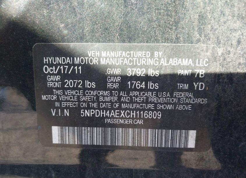 Photo 9 of 2012 Hyundai Elantra GLS (VIN 5NPDH4AEXCH116809)