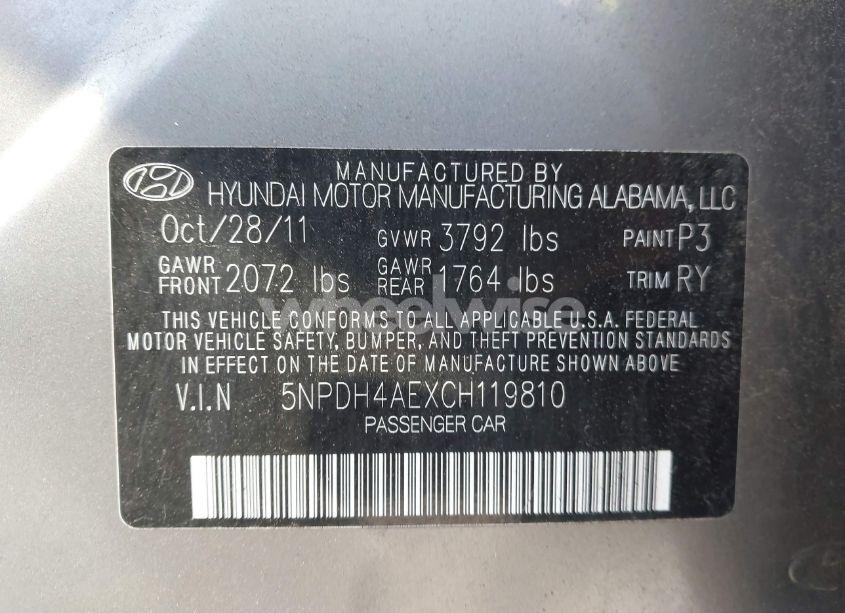 Photo 9 of 2012 Hyundai Elantra LIMITED (VIN 5NPDH4AEXCH119810)