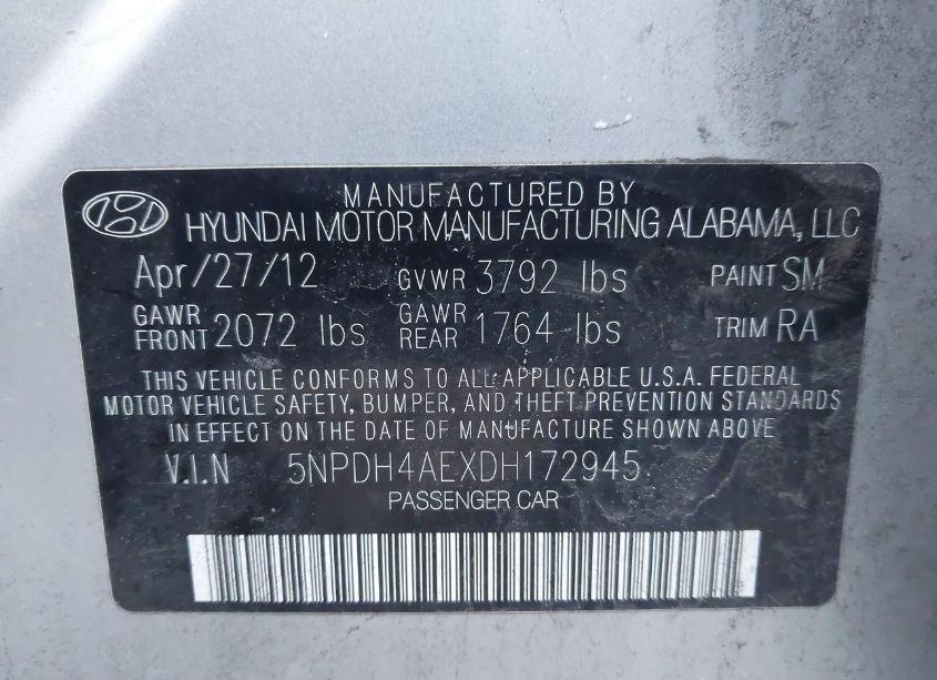 Photo 9 of 2013 Hyundai Elantra GLS (VIN 5NPDH4AEXDH172945)