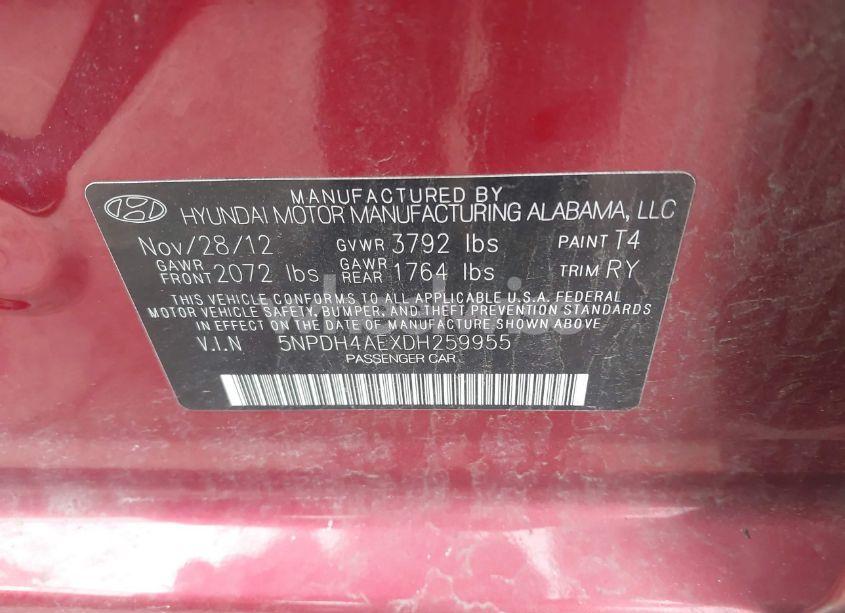 Photo 9 of 2013 Hyundai Elantra LIMITED (VIN 5NPDH4AEXDH259955)