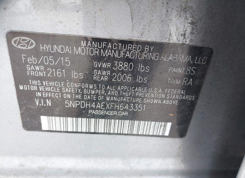 Photo 9 of 2015 Hyundai Elantra SE (VIN 5NPDH4AEXFH643351)