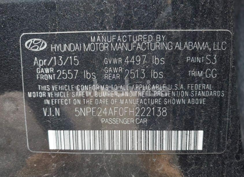 Photo 9 of 2015 Hyundai Sonata SE (VIN 5NPE24AF0FH222138)