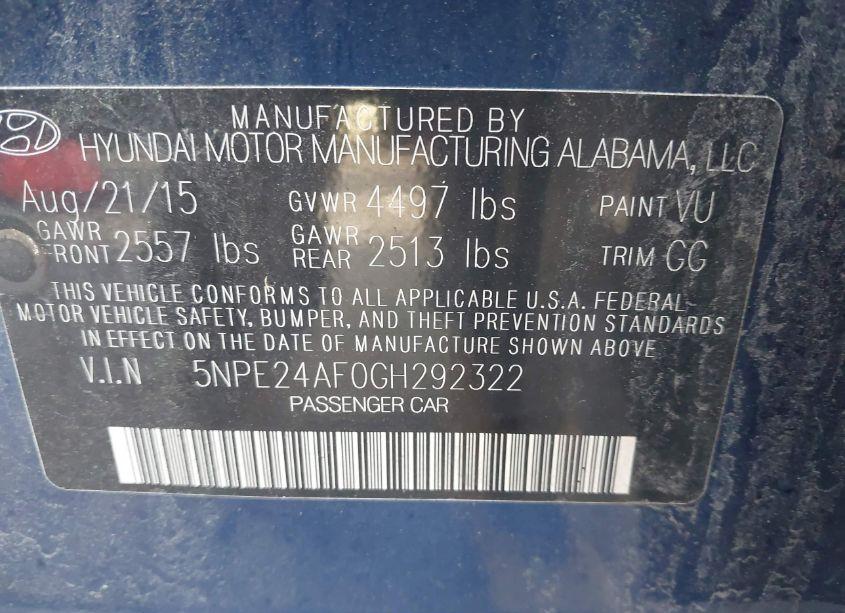 Photo 9 of 2016 Hyundai Sonata SE (VIN 5NPE24AF0GH292322)