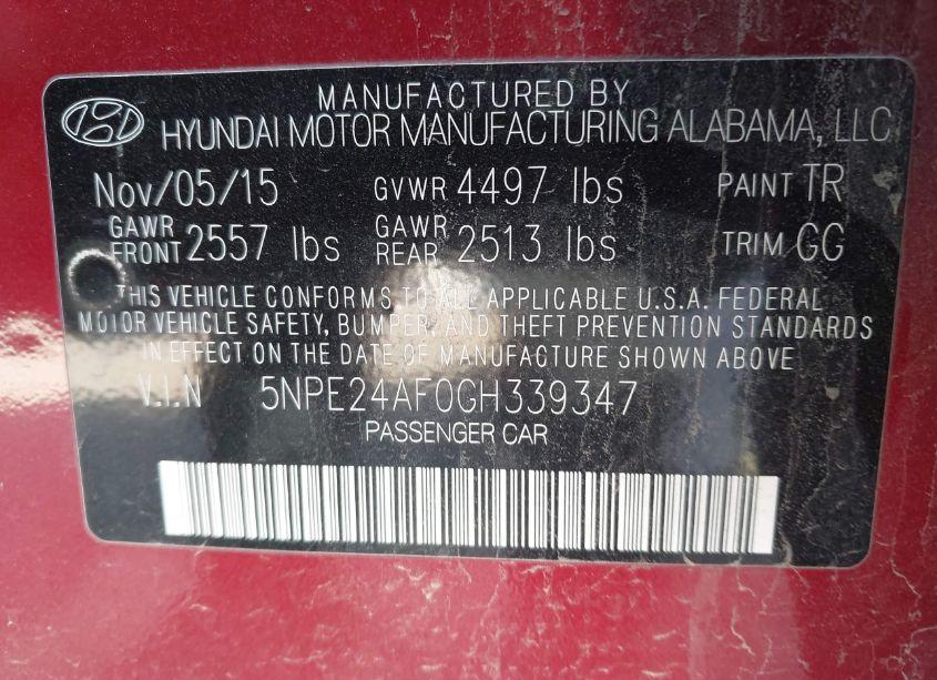 Photo 9 of 2016 Hyundai Sonata SE (VIN 5NPE24AF0GH339347)