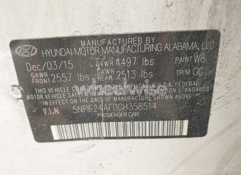 Photo 9 of 2016 Hyundai Sonata SE (VIN 5NPE24AF0GH358514)