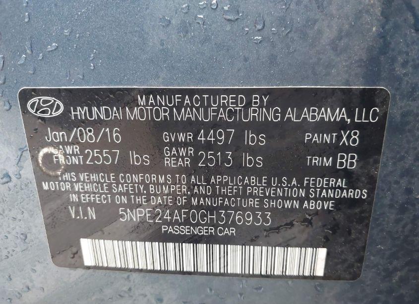 Photo 9 of 2016 Hyundai Sonata SE (VIN 5NPE24AF0GH376933)