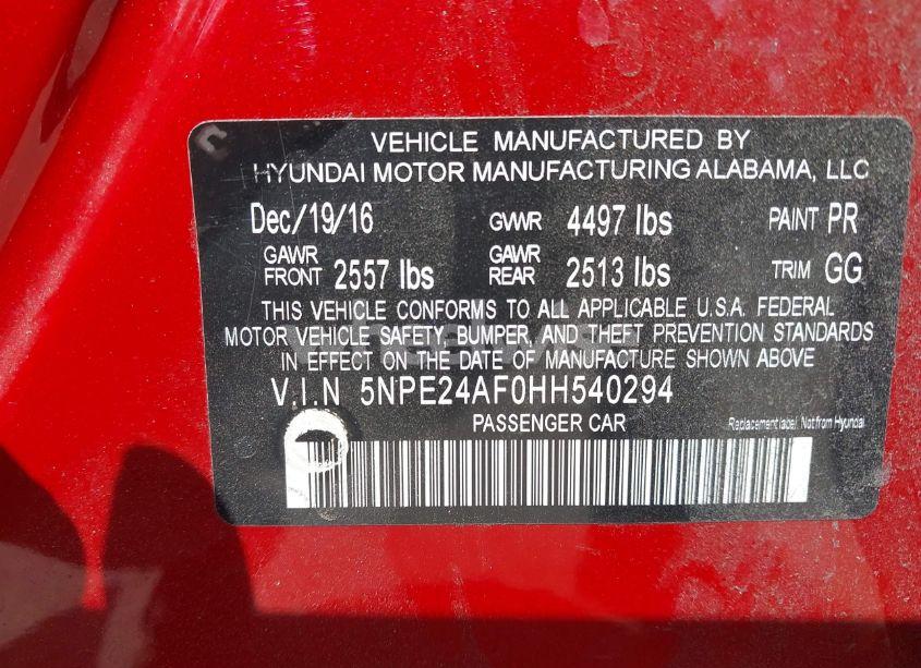 Photo 9 of 2017 Hyundai Sonata (VIN 5NPE24AF0HH540294)